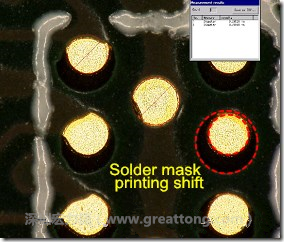 電路板BGA下面的防焊層印刷偏移，造成焊墊大小不一致。