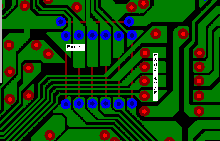 PCB設(shè)計焊點過密，易造成波峰連焊，焊點間漏電