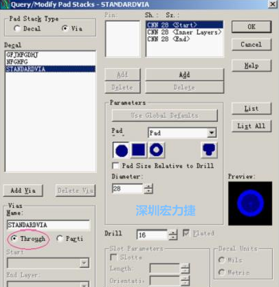分析文件完成后，點擊菜單Setup→Pad Stacks調(diào)出焊盤堆設(shè)置窗口，將Pad Stack Type改為Via