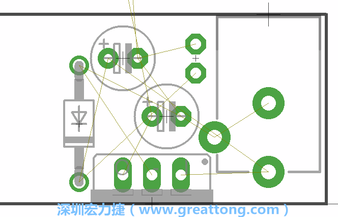 如同第一篇的步驟，我們將從電源迴路開(kāi)始著手，移動(dòng)電源插座（Power Jack）、電壓調(diào)整器、二極體、兩個(gè)電容和輔助接頭JP1到如上圖所示的位置。