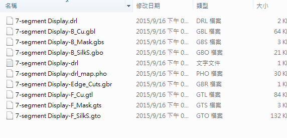 所謂Gerber檔，其實是包含一群檔案 (如下圖所示)，如包含正反面銅箔層 F.Cu B.Cu.，正反面文字面 F.Silkscreen ，B.Silkscreen，防焊層 SolderMask、板邊裁切Edge.Cuts 等。